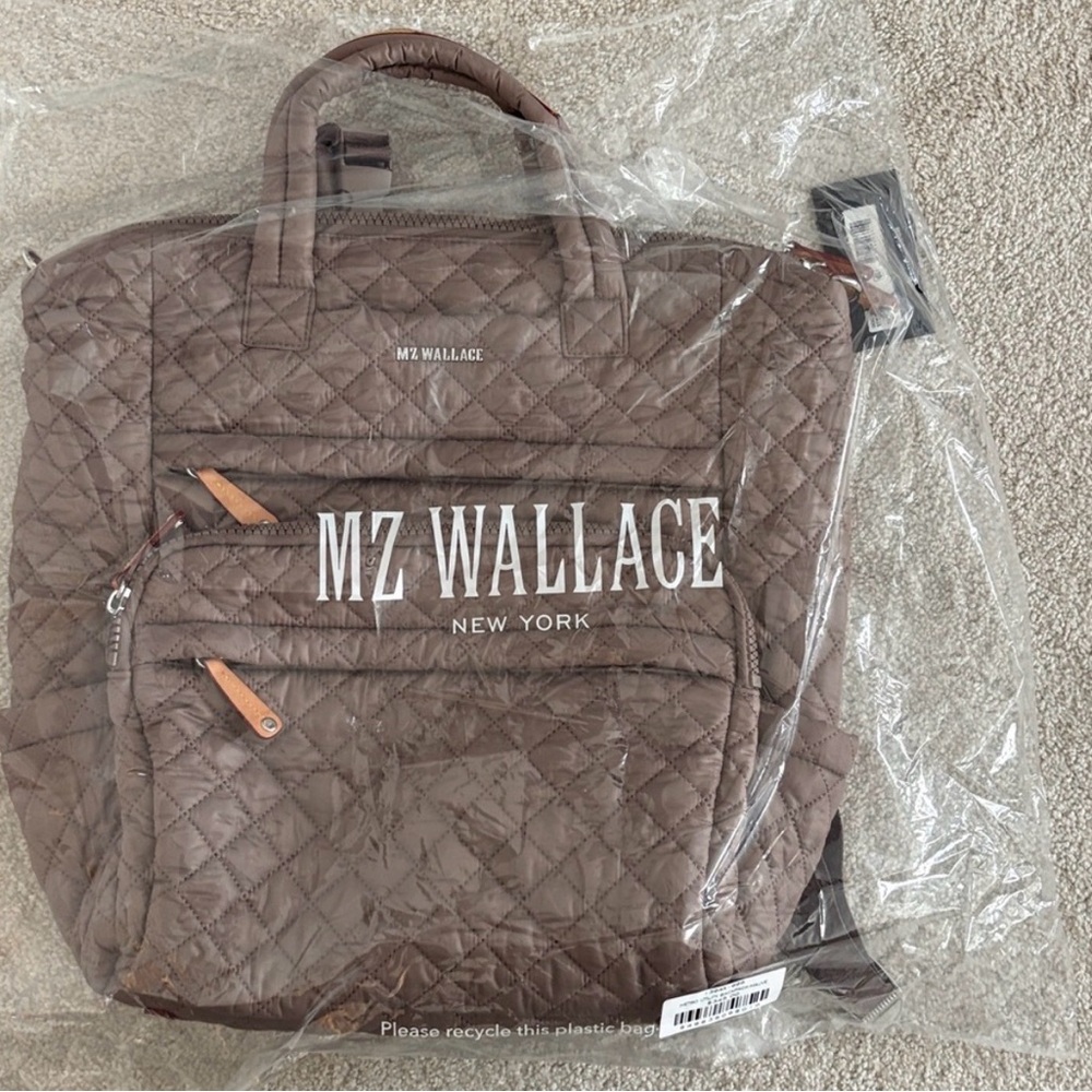 MZ Wallace Quilted Taupe Backpack with Brown Strap and Colorful Pouch - Picture 2 of 14